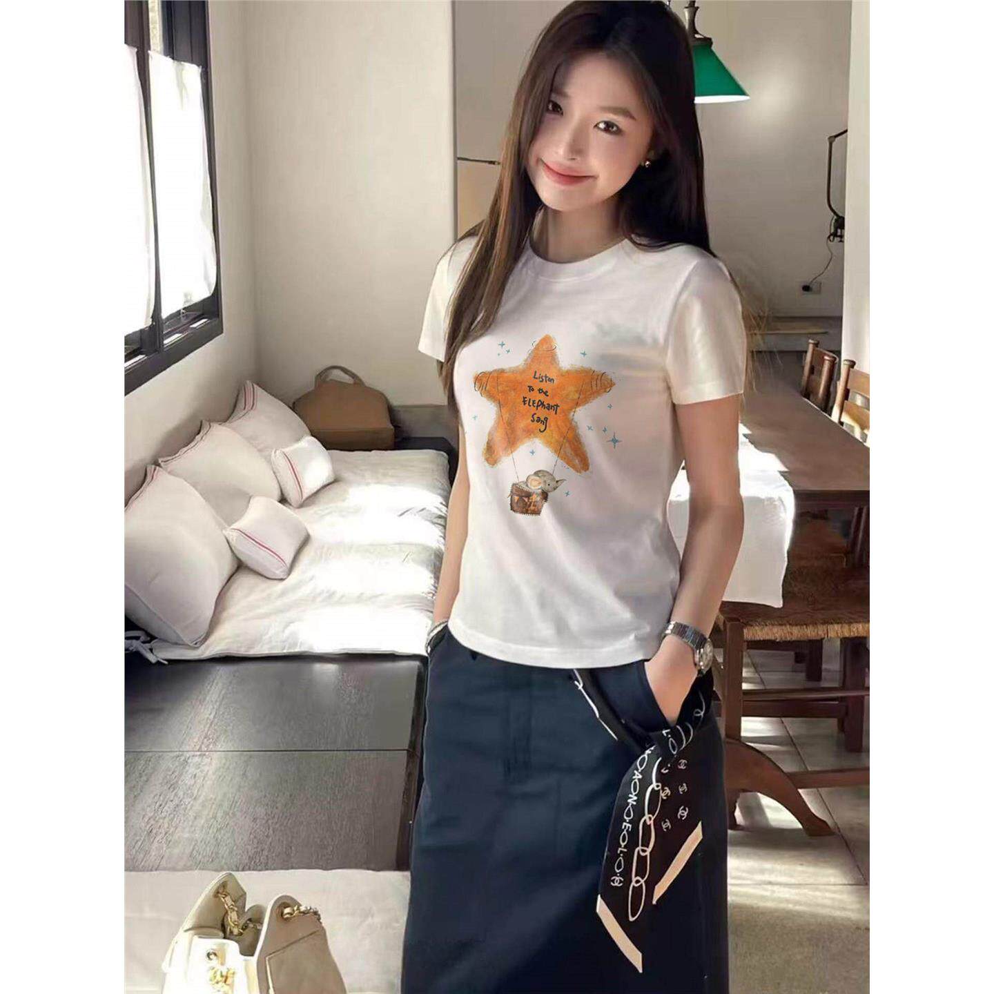 南油小众设计师款韩系星星小象印花短袖T恤女修身显瘦减龄上衣潮