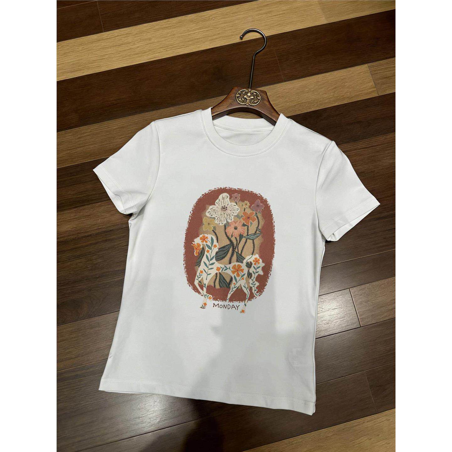 南油小众设计师款复古花卉小马涂鸦印花短袖T恤修身显瘦文艺上衣