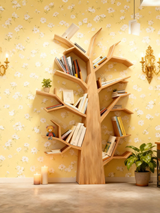实木树形书架装饰置物架儿童树杈墙上壁挂隔板创意书柜落地展示架