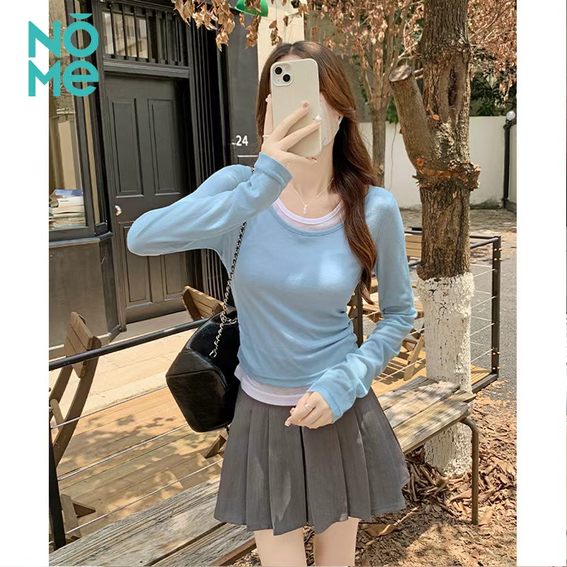 浅蓝色假两件撞色长袖T恤女