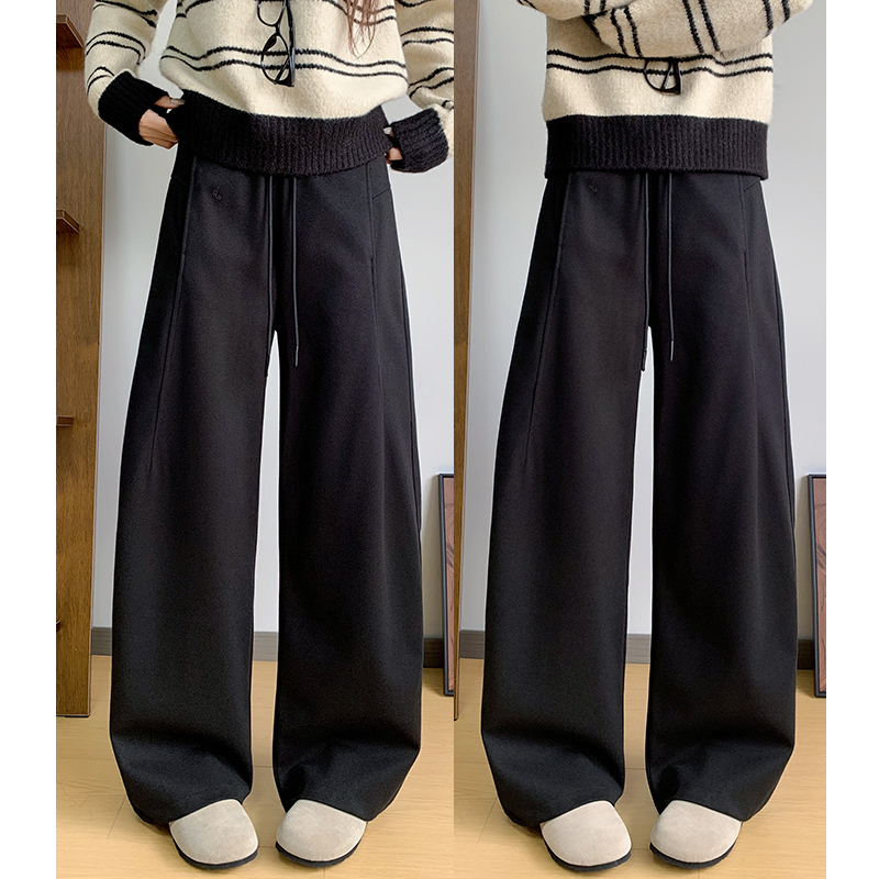 深灰色高腰弯刀阔腿裤女秋冬宽松