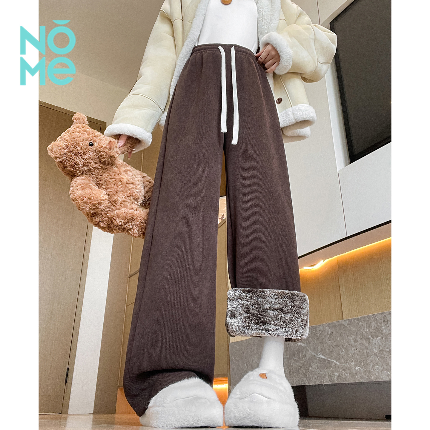 NOME（服饰）羊羔绒阔腿裤加厚加绒冬季保暖棉裤宽松直筒超厚裤子