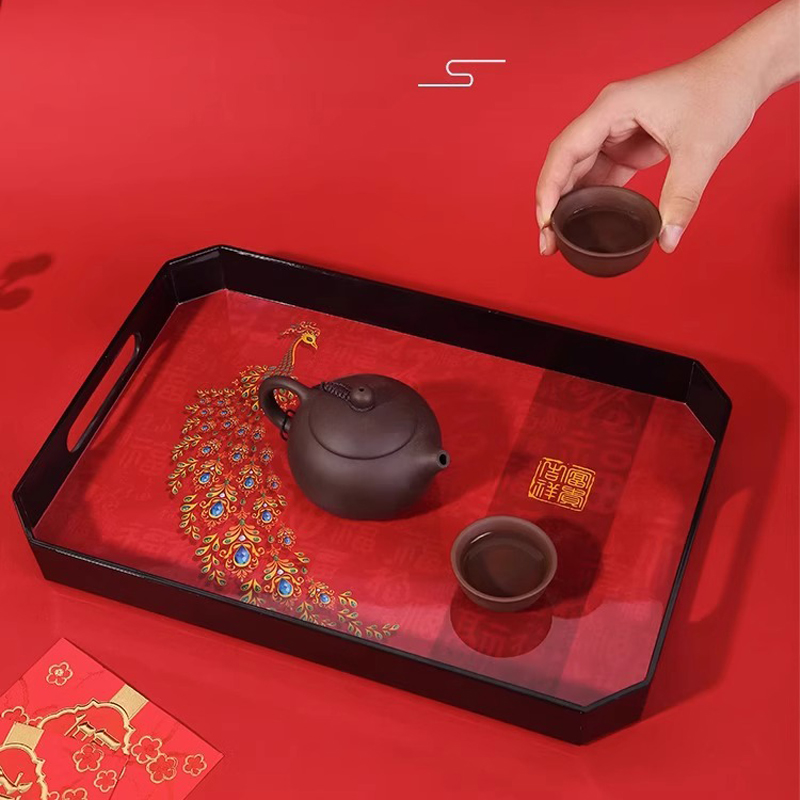 五和红色托盘圆盘喜庆茶盘干果零食果盘家用茶水杯盘过年结婚敬茶