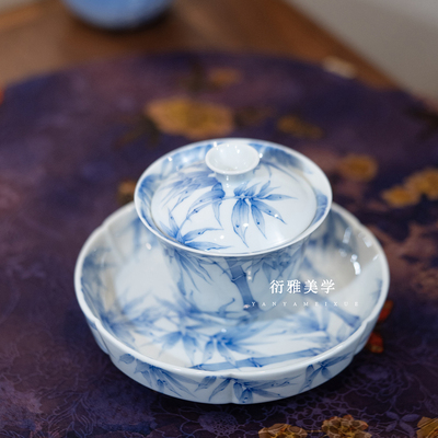 青樵轩手绘淡描竹韵盖碗壶承