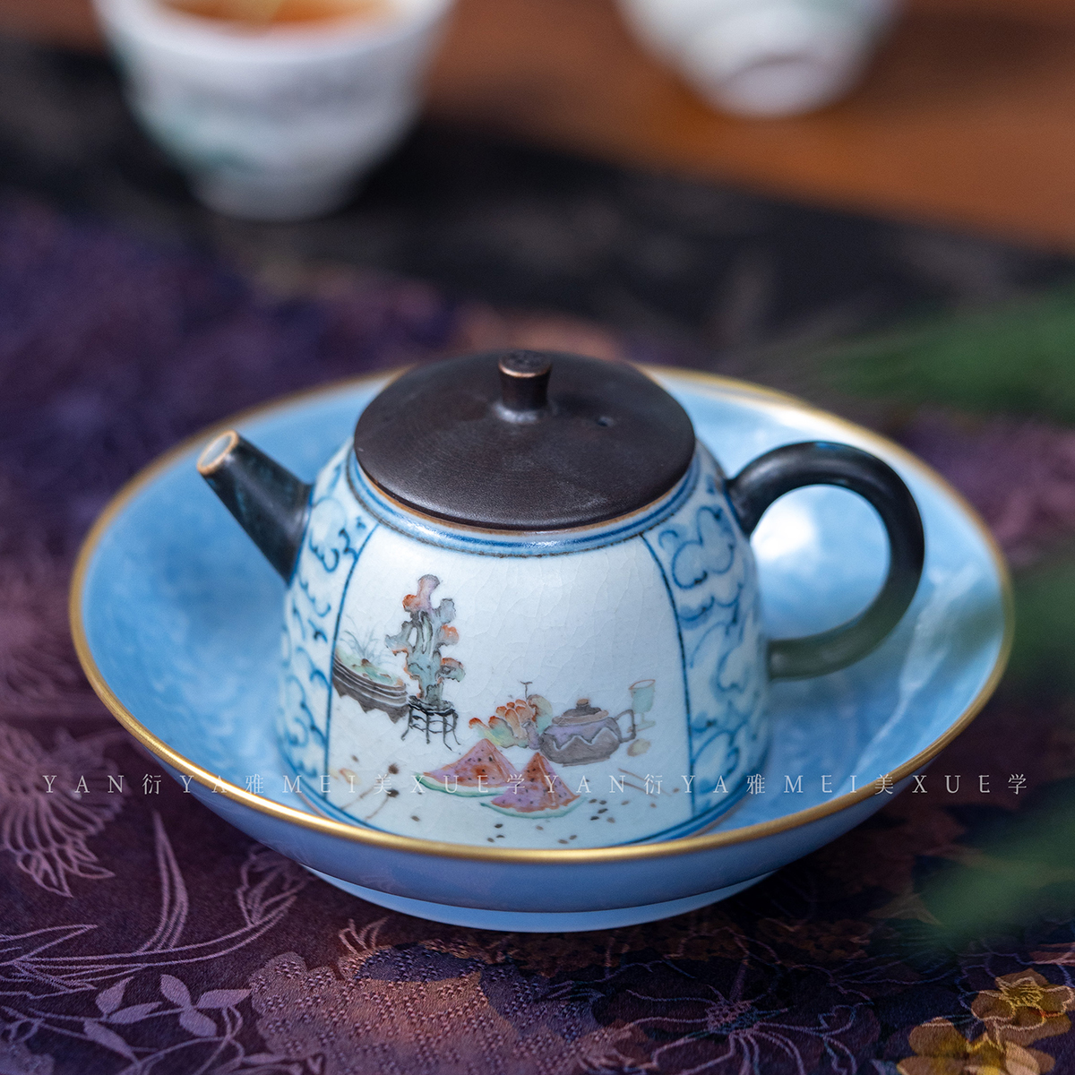 小雅瓷器家丨午羊景德镇手绘青花加彩开窗西瓜花卉四方壶 主人杯