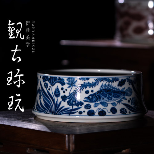 景德镇高端柴窑青花瓷鱼藻建水