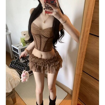 韩系辣妹性感套装女夏季波点设计修身短款吊带上衣高腰显瘦超短裙