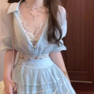 蕾丝内搭背心高腰显瘦半身裙 女纯欲风蓝色v领衬衫 法式 高级感套装
