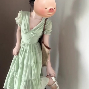 甜美氛围感长裙子温柔风独特漂亮收腰显瘦泡泡袖 夏季 v领连衣裙女