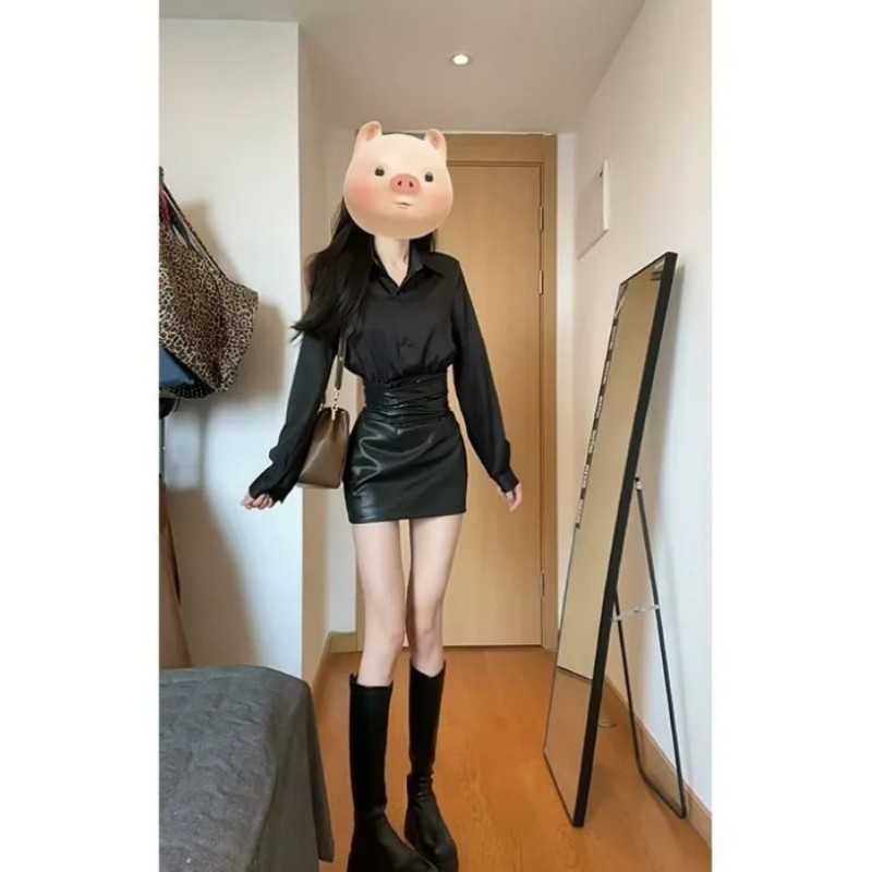 韩版辣妹套装女纯欲风长袖翻领衬衫挂脖吊带收腰包臀皮裙三件套潮,女装/女士精品,时尚套装,淘宝优惠券,粉丝福利购,淘宝优惠卷