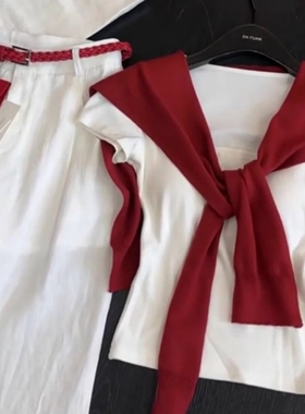 韩系辣妹穿搭套装女夏季短袖T恤上衣红色披肩高腰显瘦长裤三件套