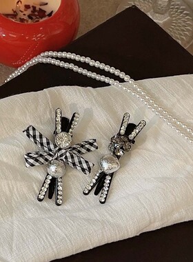 交叉剪刀黑白格子蝴蝶结灰色水钻闪钻镶钻带钻发夹边夹鸭嘴夹发饰