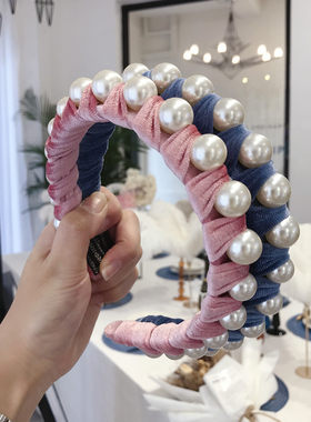 跨境爆款欧美潮风女王同款压发箍 大珍珠缠绕发箍金丝绒宽边头箍