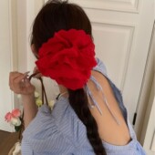 杨同款 复古温柔发绳大肠圈发饰女超越 高品质红色蕾丝花边发圈法式