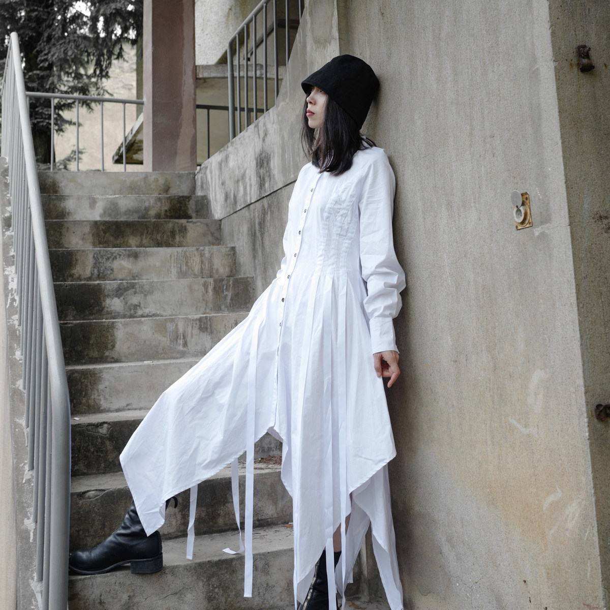 yohji山本风小众暗黑日系飘带不规则连衣裙女解构设计感衬衫裙子