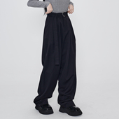 暗黑高级感简约设计可拆腰带多褶设计宽松西裤 新品 2025春季 隐觅