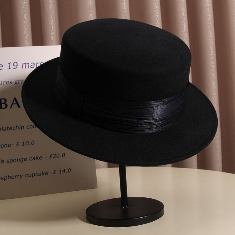 高端真丝麻羊毛礼帽女秋冬平顶帽