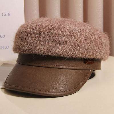 羊毛针织皮沿鸭舌帽女秋冬贝雷帽