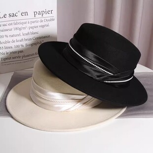 法式赫本风羊毛呢平顶礼帽女秋冬英伦名媛复古毛呢帽子百搭爵士帽