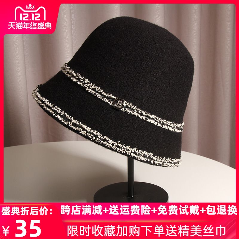 黑色羊毛女水桶帽日系渔夫帽帽子