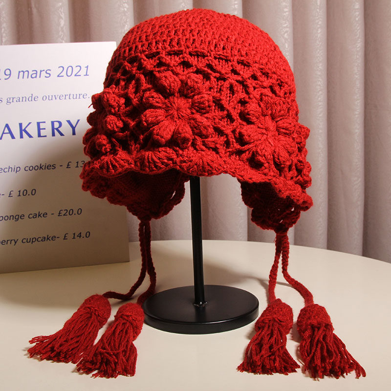 2025新款花朵手工编织双层辫子毛线帽子女秋冬保暖百搭针织护耳帽,服饰配件/皮带/帽子/围巾,帽子,淘宝优惠券,粉丝福利购,淘宝优惠卷