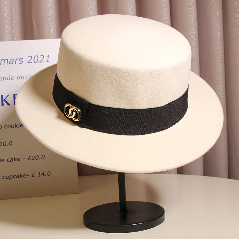 法式优雅复古羊毛呢平顶帽女秋冬时尚宽檐爵士帽英伦气质百搭礼帽