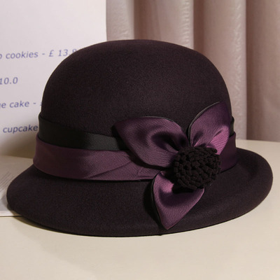 羊毛礼帽女秋冬赫本风复古卷边花朵盆帽优雅气质时尚保暖渔夫帽潮