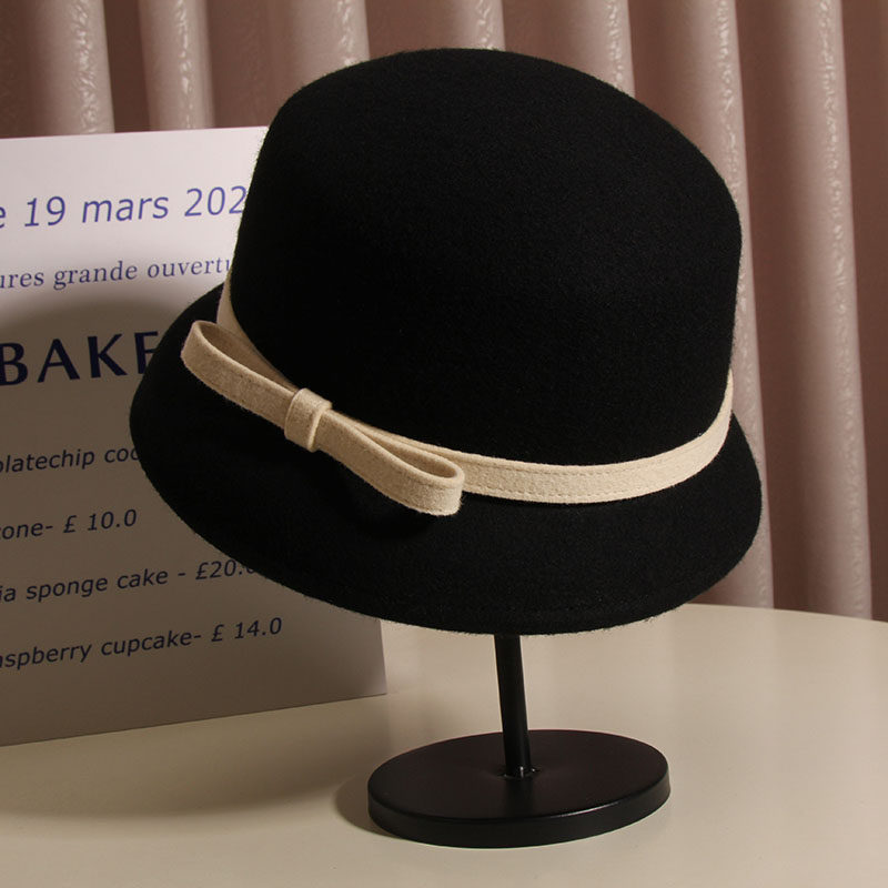 赫本风蝴蝶结羊毛呢渔夫帽子女秋冬法式复古小沿盆帽优雅名媛礼帽