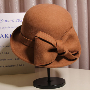 赫本风羊毛呢蝴蝶结渔夫帽子女秋冬法式复古名媛盆帽优雅千金礼帽
