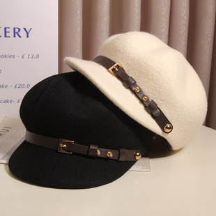 鸭舌帽女秋冬赫本风羊毛呢八角帽英伦复古百搭贝雷帽显脸小报童帽