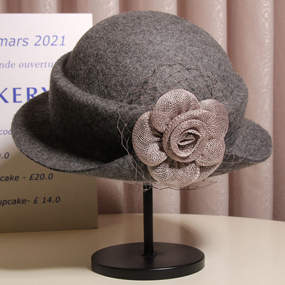 法式优雅麻纱花朵羊毛呢贝雷帽女秋冬赫本风复古卷边盆帽名媛礼帽