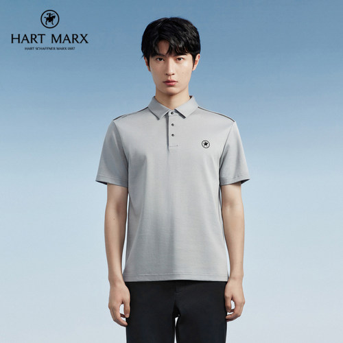 HARTMARX男士短袖polo衫夏透气字母印花纯色棉质衬衫领短袖T恤衫