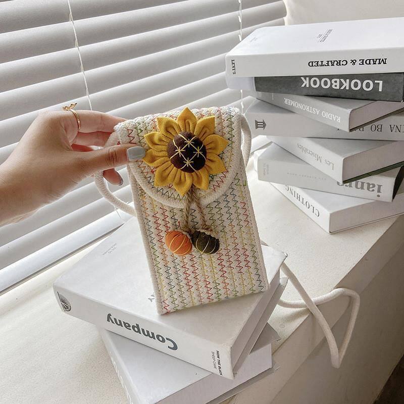 装手机的小斜挎包花朵棉质单肩斜挎包2025轻便潮流新包手工编织夏