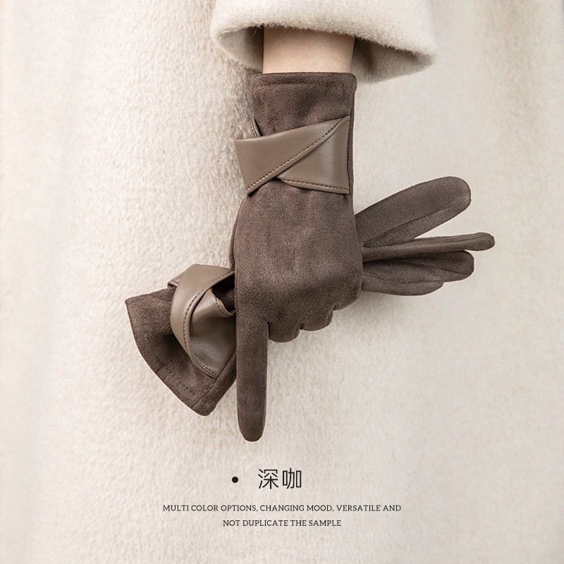 电单车手套手套女麂皮绒防寒保暖女加绒加厚手套蝴蝶结触屏手套防