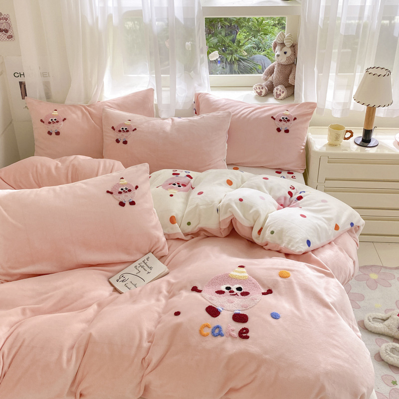 ins少女心A类牛奶绒床上四件套儿童床品冬季加厚双面珊瑚绒三件套
