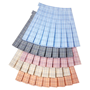 小个短裙秋冬季蓝色格子百褶裙女 学生学院风半身裙子高腰a字显瘦