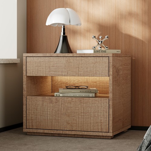 意式极简卧室带灯悬浮式床头柜原木色风格床边柜北欧小户型储物柜