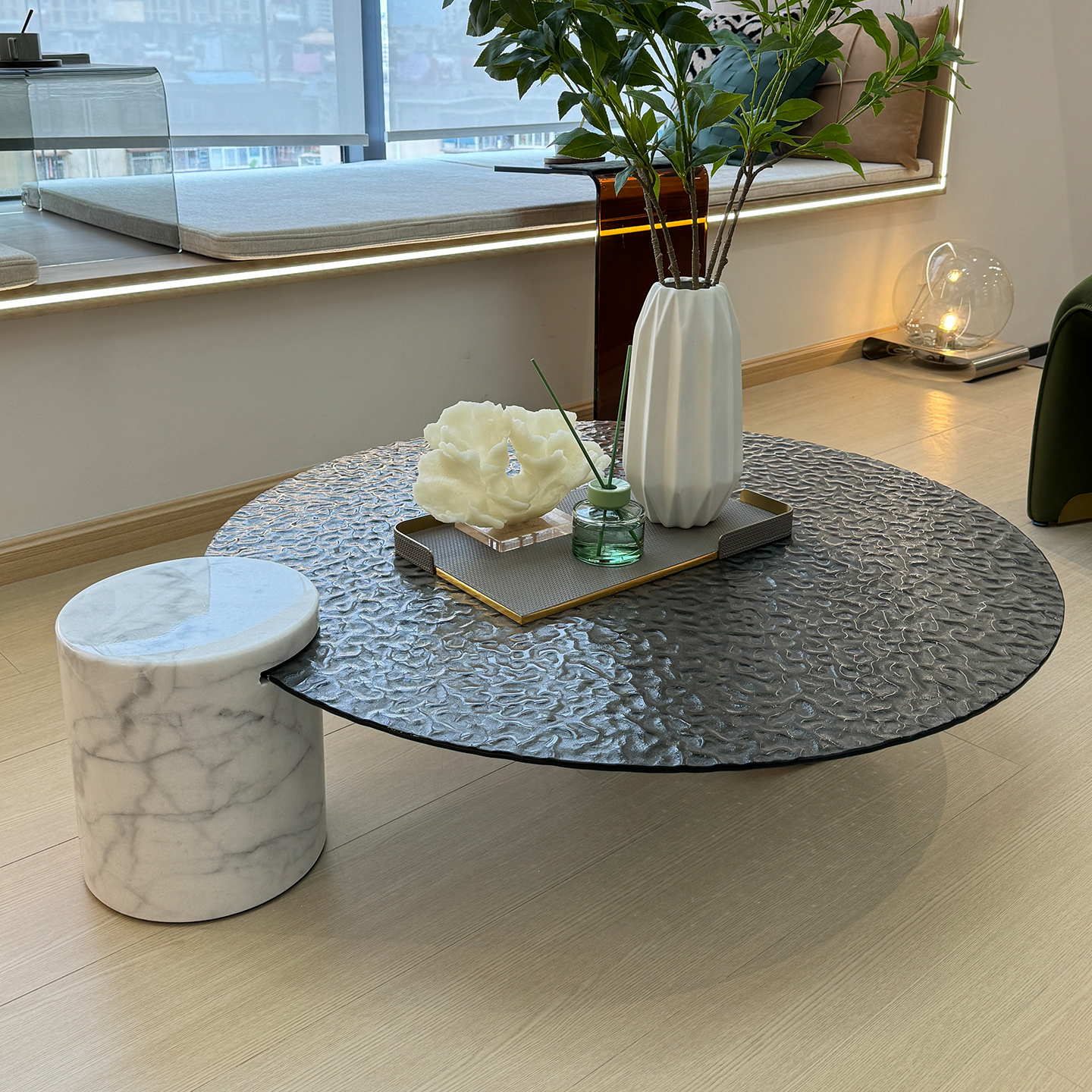 意式极简大理石茶几客厅家用水波纹茶几小户型网红款圆形玻璃边几