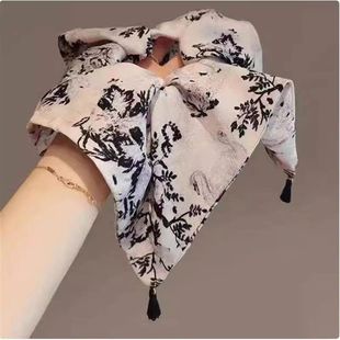 发圈方巾式韩国发饰高级精致新中式灰色水墨画印花流苏小方巾发圈