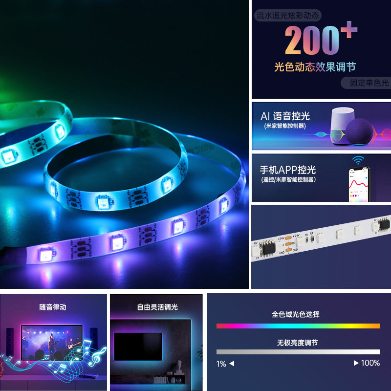 24V幻全彩跑马灯带ktv酒吧电竞麦爵士智能AI语音律动编程led灯带