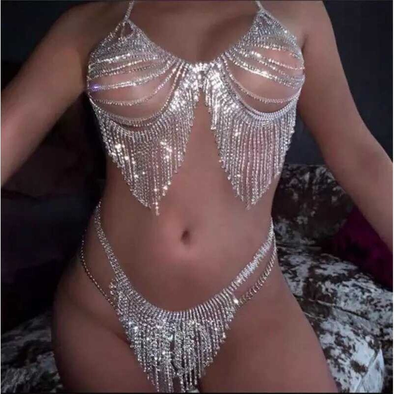 水钻身体链套装性感闪亮流苏夜店服饰演出潮内衣秀body chain