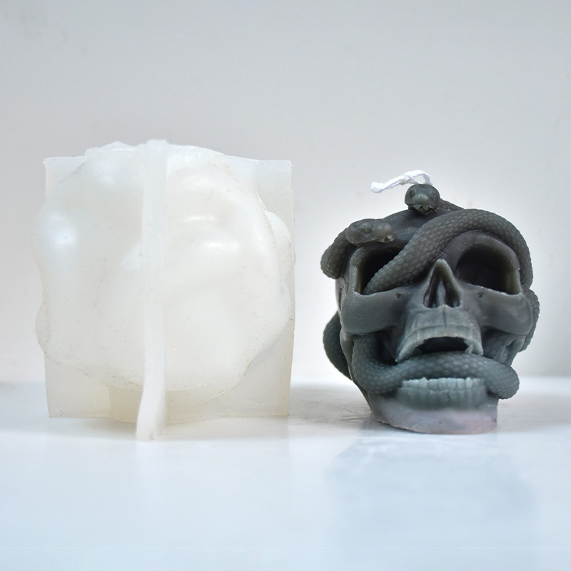 筹凯 万圣节立体蛇头骷髅香薰蜡烛硅胶模具DIY制作石膏万圣节摆件