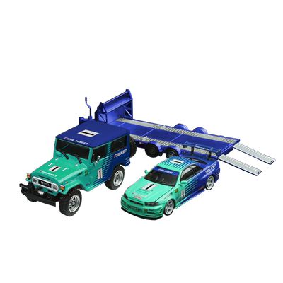 壹号站台|TM1:64尼桑GTR34 丰田FJ40拖车套装飞劲仿真合金车模型