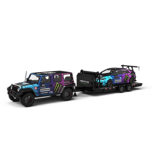 壹号站台|TM1:64牧马人思域爆改黑鬼爪拖车仿真合金汽车模型