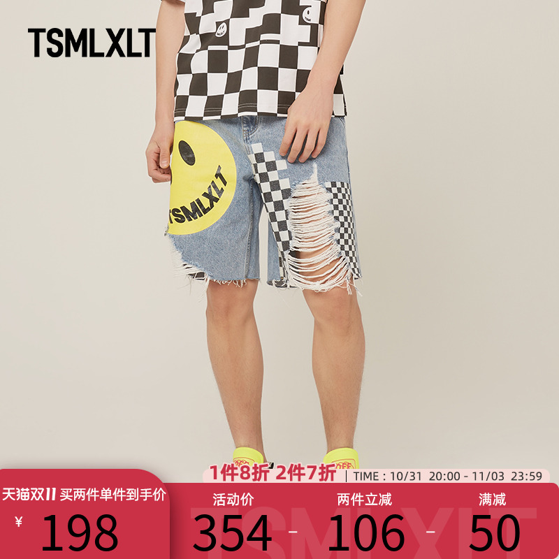 TSMLXLT【TT笑脸系列】时尚无性别男女款牛仔短裤破烂宽松休闲裤