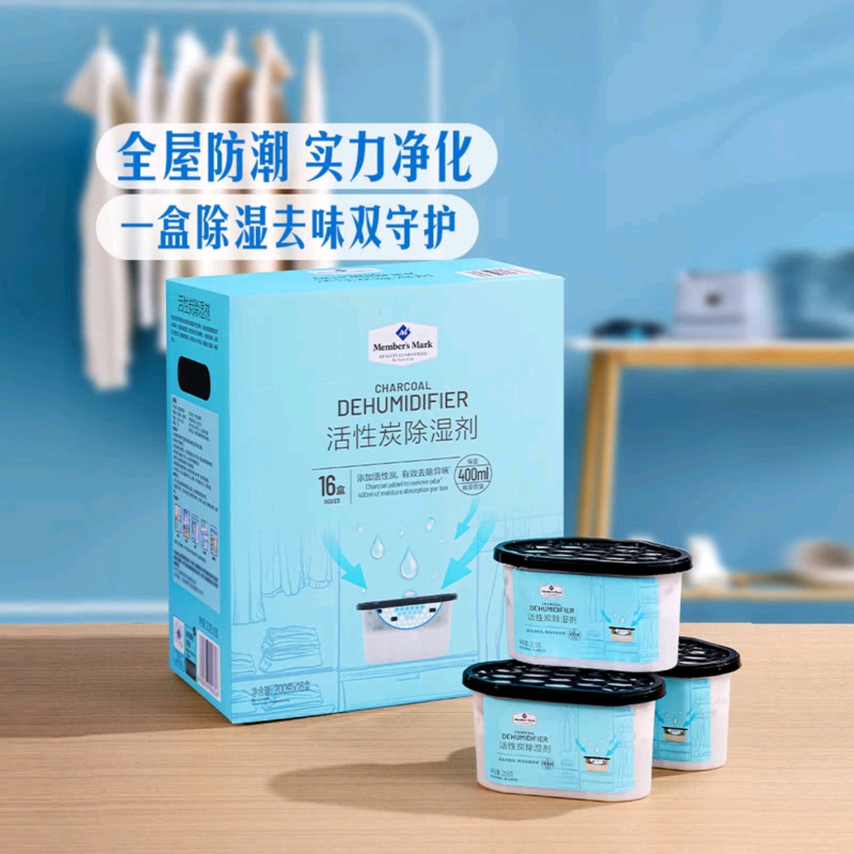 山姆代购活性炭除湿剂防霉防潮吸水去味梅雨回南天干燥剂家用200g