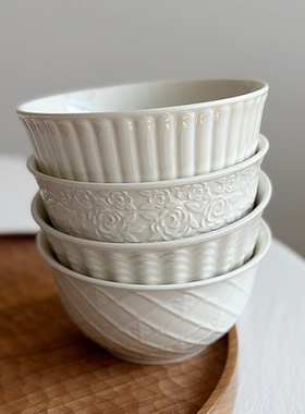 半颗橘子HO 白色5英寸饭碗两只条纹陶瓷温润米饭碗早餐碗