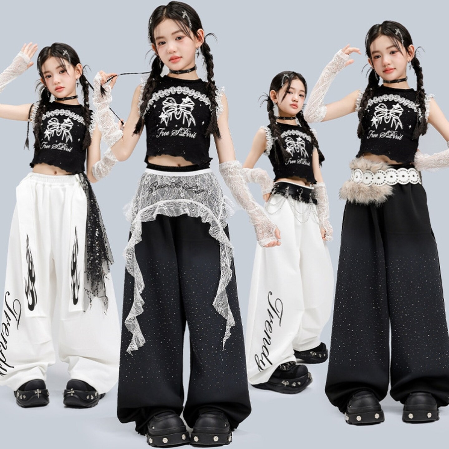 hiphop街舞童装中秋军绿皮裤舞蹈黑银亮片格子韩版模特背心少女粉