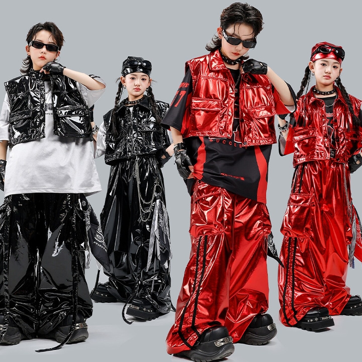 儿童hiphop街舞穿搭舞蹈服黑黄国风炸街童服马甲红白条纹帅气童装