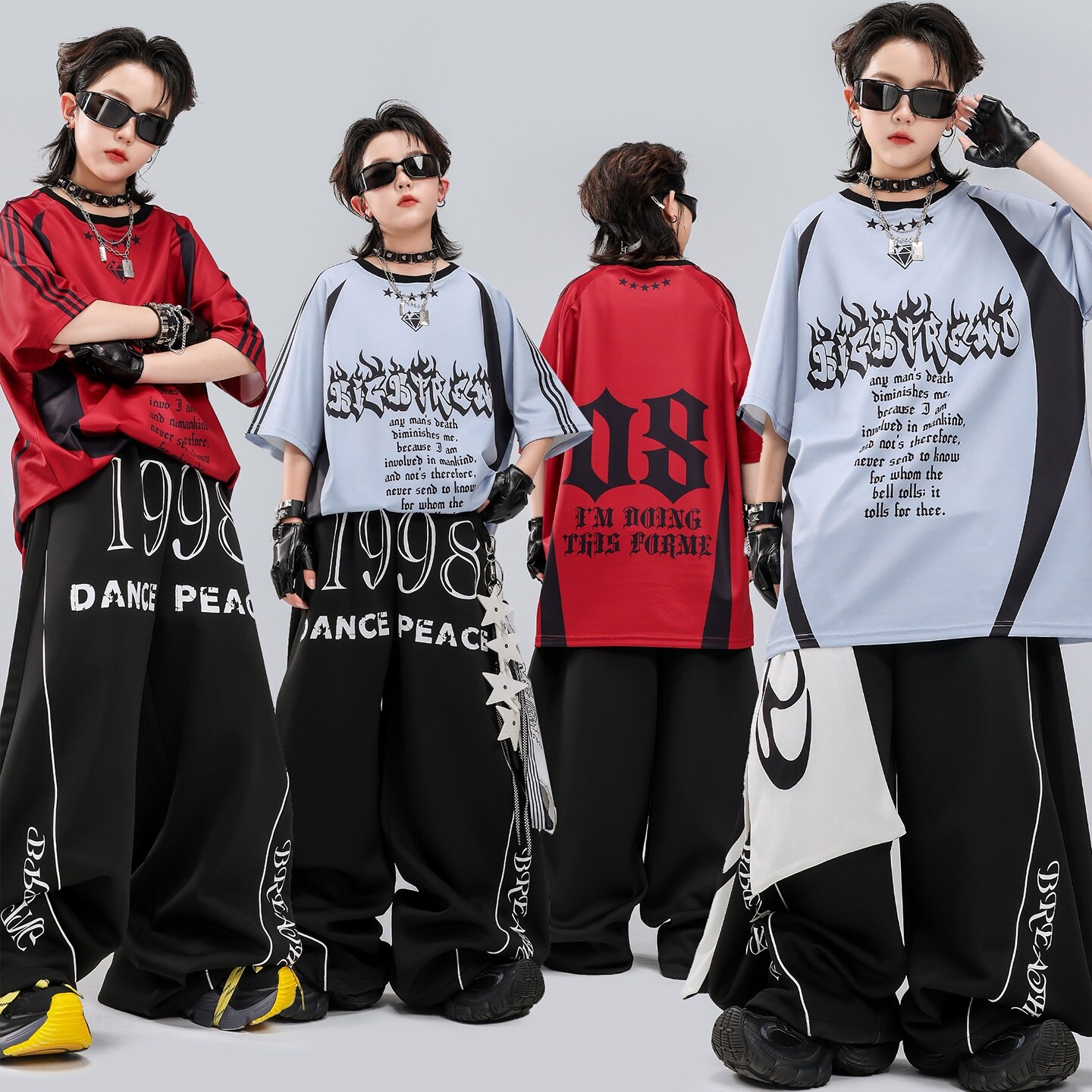 儿童街舞hiphop潮服蓝色走秀黑白服装嘻哈潮牌表演服条纹红白亮皮